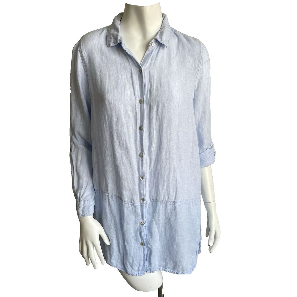 Tahari 100% Linen Roll Tab Sleeves Button Front Tunic Shirt Top M Coastal Summer